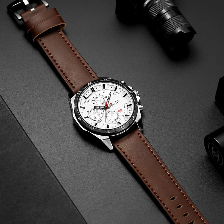 Bold men's Maverick chronograph watch, a stylish timepiece with a dark face and genuine leather band for active men.