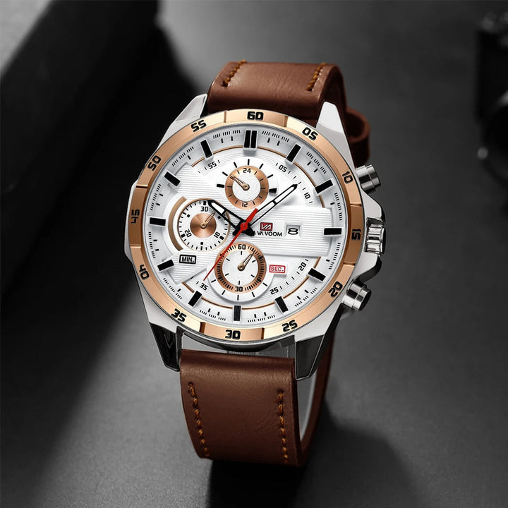 Men's Maverick watch: elegant chronograph with a black dial & brown leather strap. A classic analog timepiece for him.