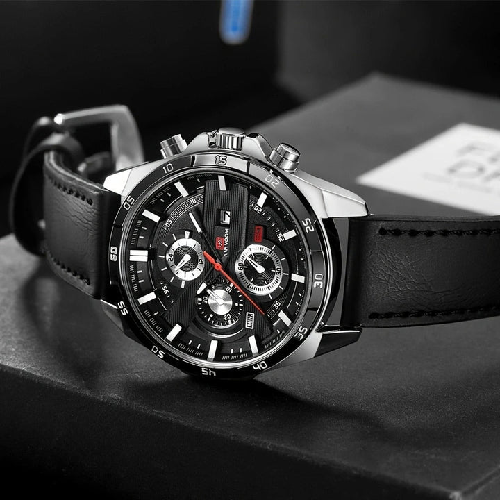 Everyday men's Maverick chronograph watch with a sleek dial and comfortable leather band. A classic sporty timepiece.