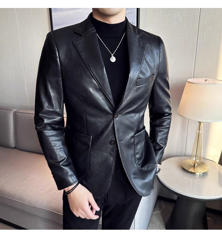 Men's Maverick leather blazer, classic style, tailored fit, versatile for formal wear or casual jacket.