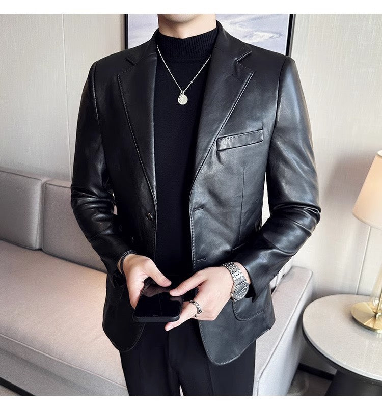 Sophisticated men's leather blazer, timeless classic style. Perfect tailored outerwear for formal or casual elegance.