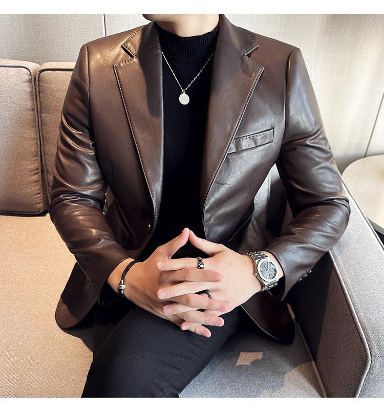 Stylish man wearing a tailored fit Maverick leather blazer, exuding classic style for a sophisticated formal or casual look.