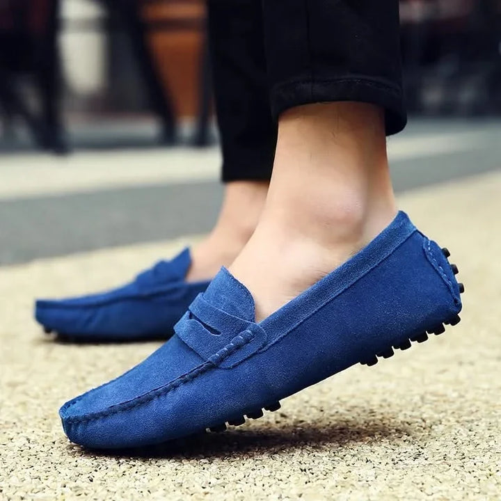 Blue men's Maverick loafers, comfortable slip-on dress shoes for versatile style.
