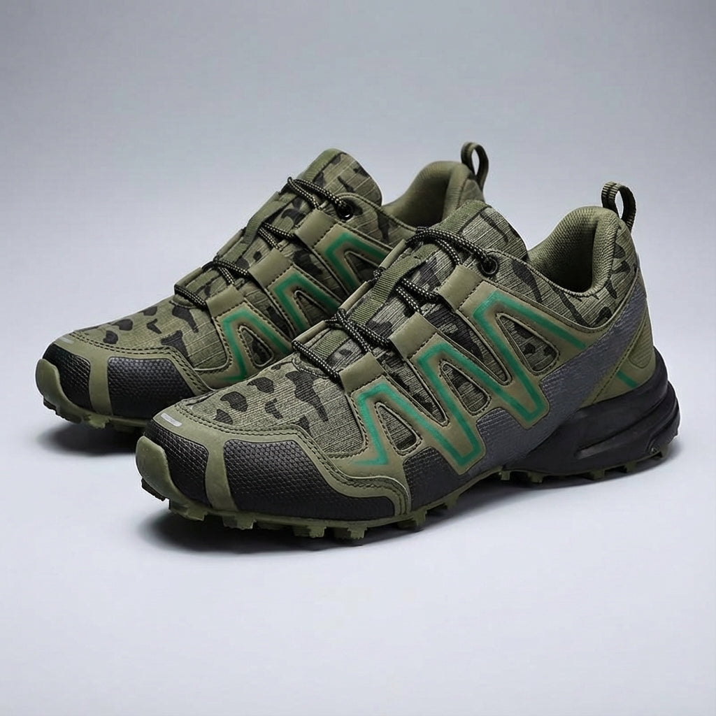 Pair of men's Maxwell trekking shoes on a trail, highlighting their robust design and comfort