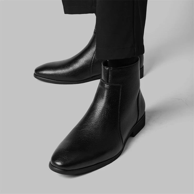 Smart men's zip-up dress boots, a must-have for any wardrobe, providing a sophisticated edge.