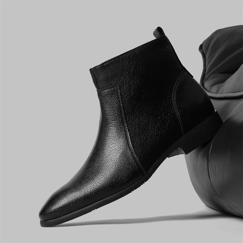 Polished men's dress boots, featuring a distinct zip and comfortable design for extended wear.