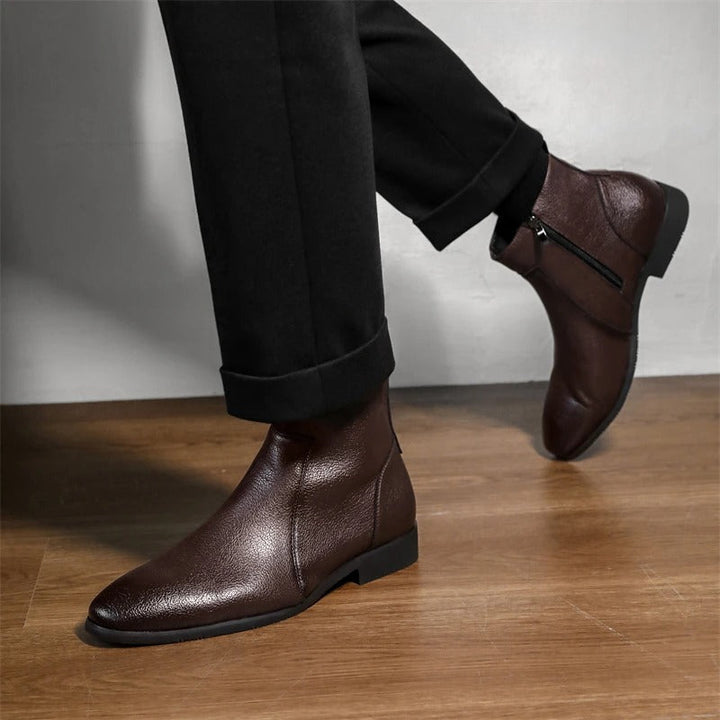 Classic men's formal boots with a modern zip detail, suitable for diverse professional settings.