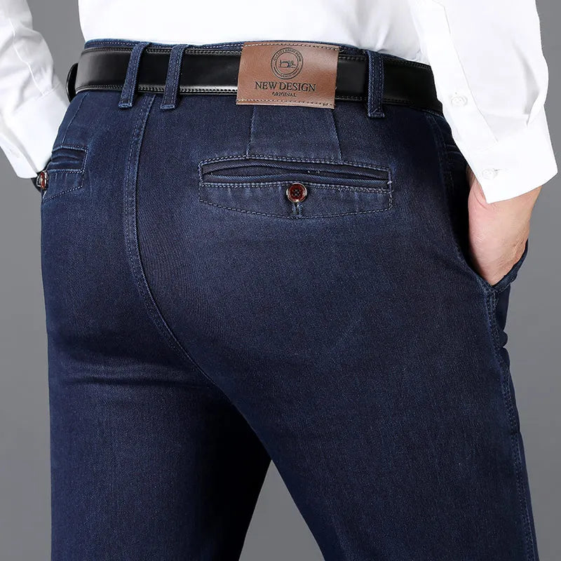 Men's Mercer slim fit stretch denim trousers in blue, perfect for stylish comfort.