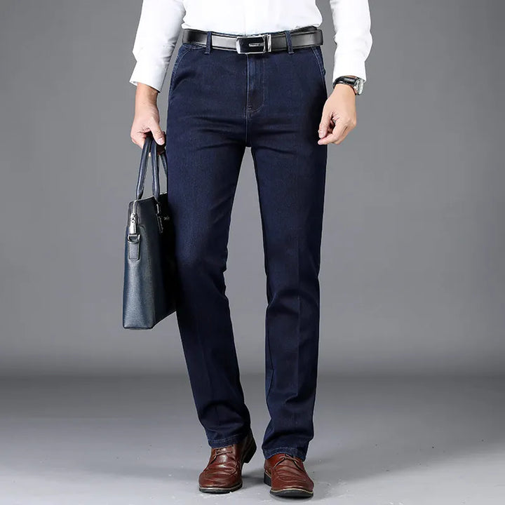 Stylish blue slim fit stretch denim trousers for men, ideal for everyday wear.