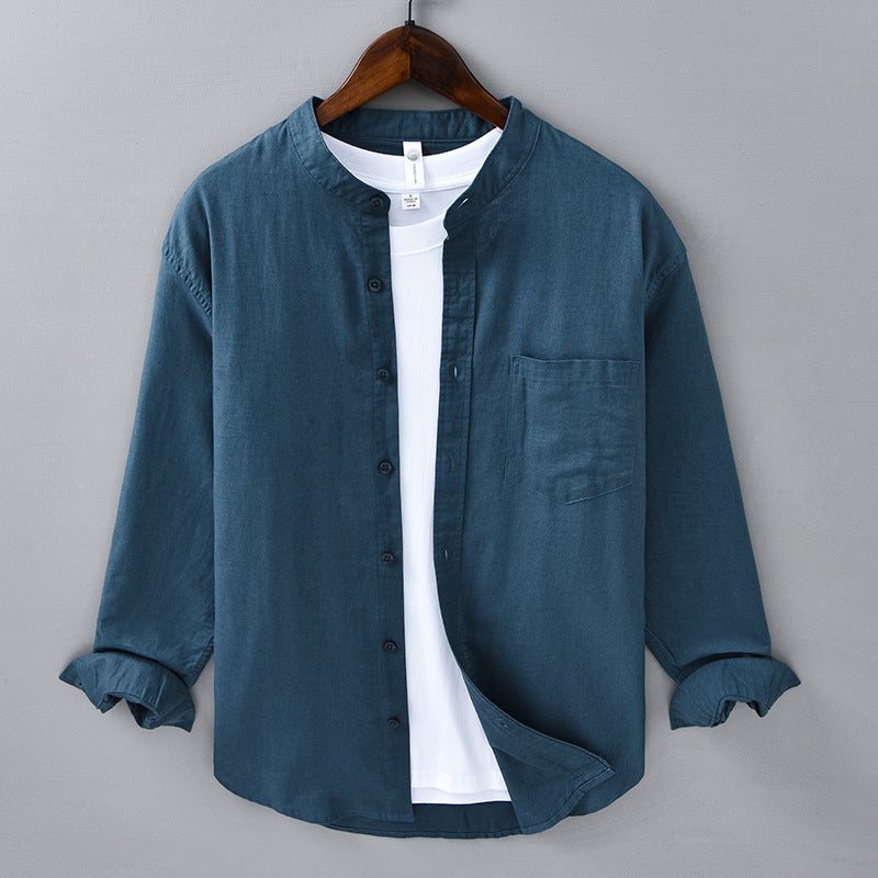 Minimalist men's Meridian casual shirt. Short sleeve, mandarin collar, breathable for modern look.