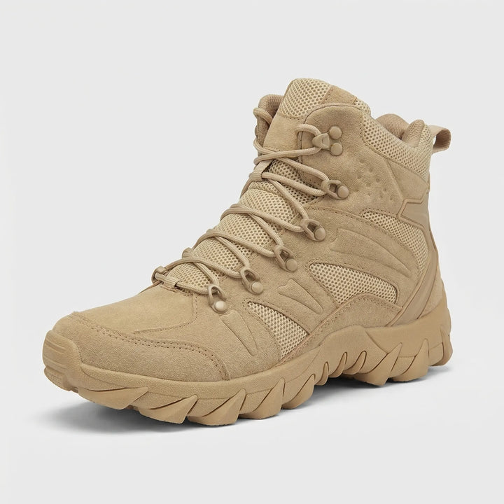 Men's mid-cut tactical hiking boots with ankle support & breathable design for trail adventures.