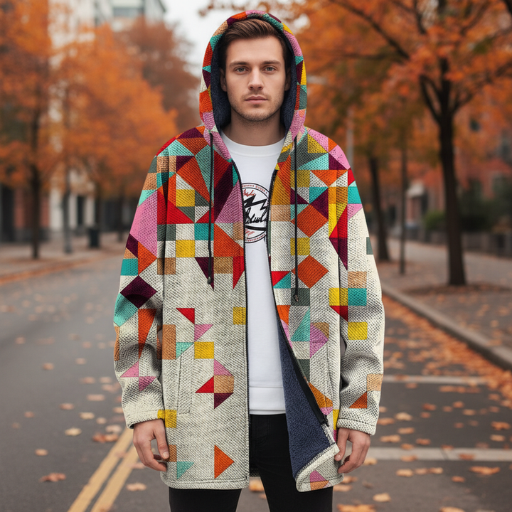 Men's mid-length color block hooded jacket, retro style, ideal for winter casual wear