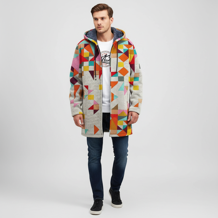 Retro-inspired men's mid-length jacket, color block pattern, with hood, casual outerwear