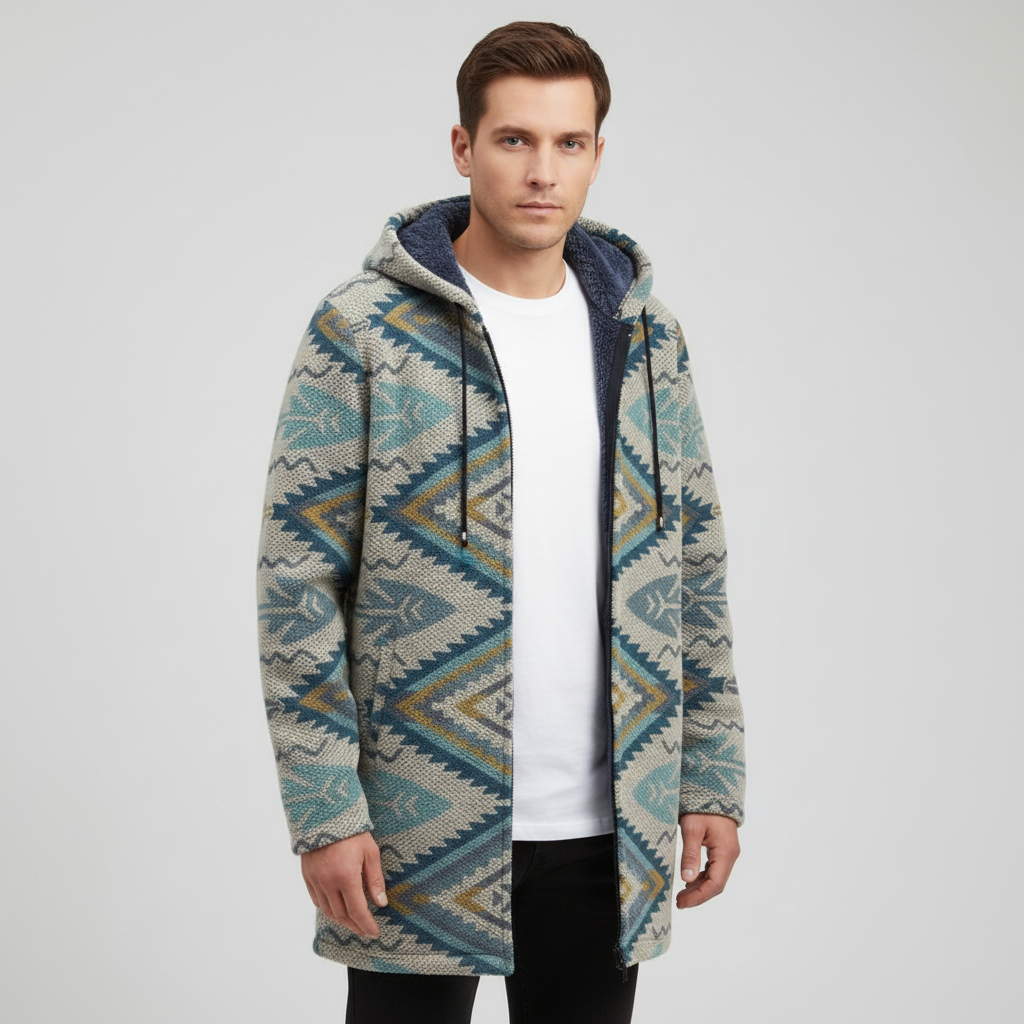 Stylish men's mid-length hooded jacket, color block polyester, suitable for winter