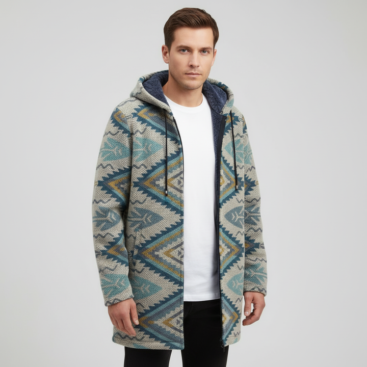 Stylish men's mid-length hooded jacket, color block polyester, suitable for winter