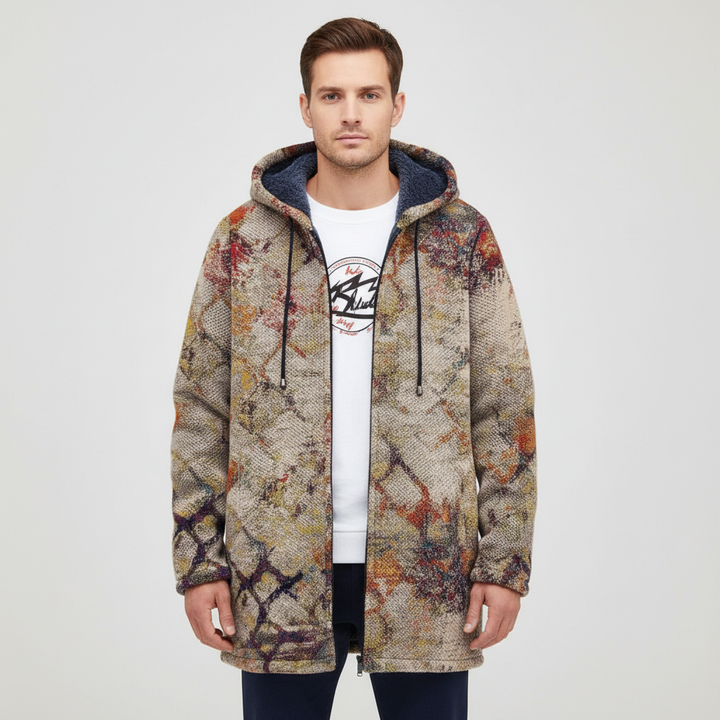Men's mid-length color block jacket with hood, durable polyester, trendy retro casual wear