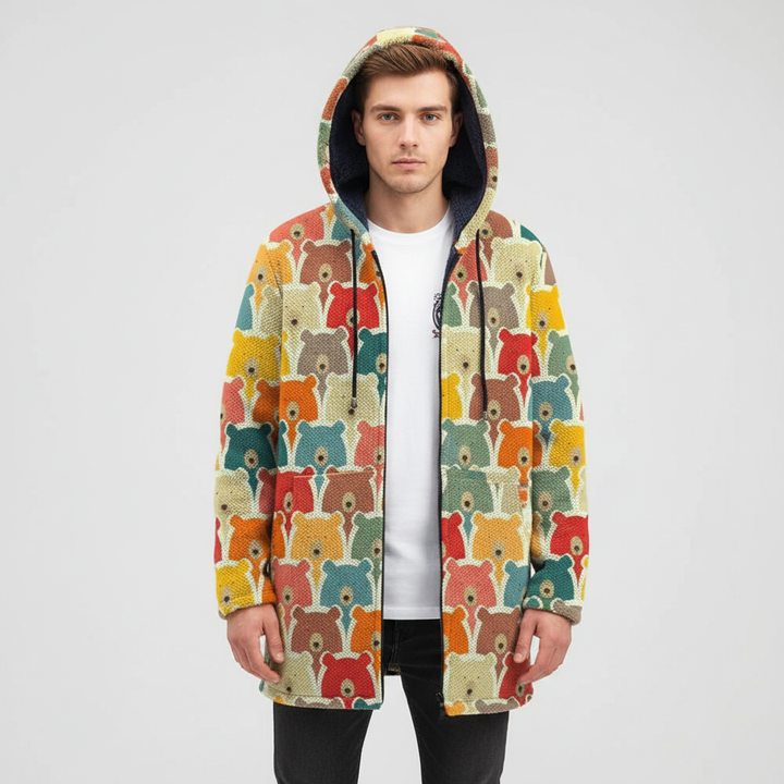 Classic men's hooded mid-length color block jacket, warm winter coat, fashion outerwear