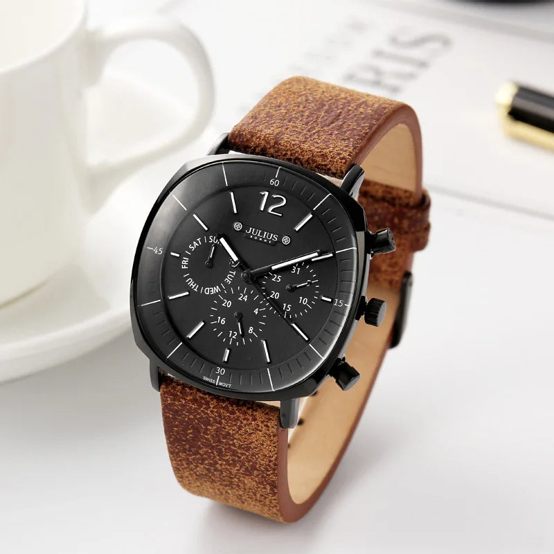 Men's Midnight Eclipse Chronograph watch with black dial & genuine leather strap. Classic quartz timepiece accessory.