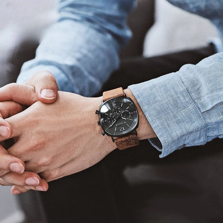 Sophisticated men's dress watch: Midnight Eclipse chronograph with elegant black dial & high-quality leather strap.