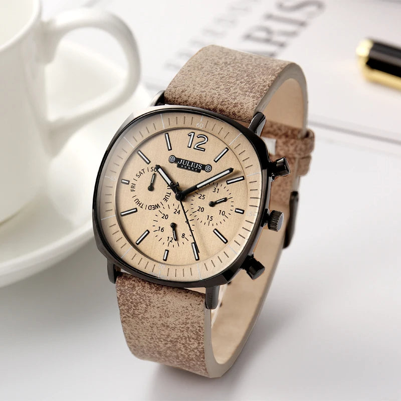 Luxury men's accessory: Midnight Eclipse quartz chronograph watch. Perfect gift with black dial & leather strap.