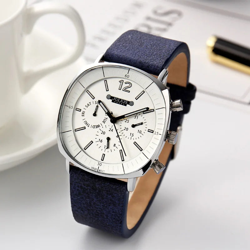 Men's Midnight Eclipse timepiece with striking black chronograph dial, accurate quartz movement, & leather strap.