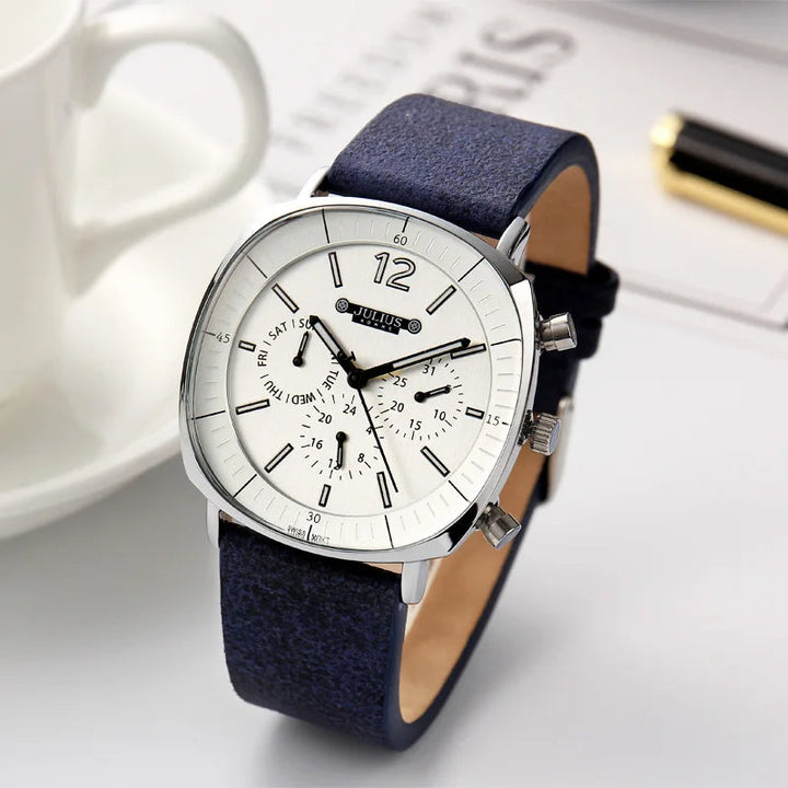 Men's Midnight Eclipse timepiece with striking black chronograph dial, accurate quartz movement, & leather strap.