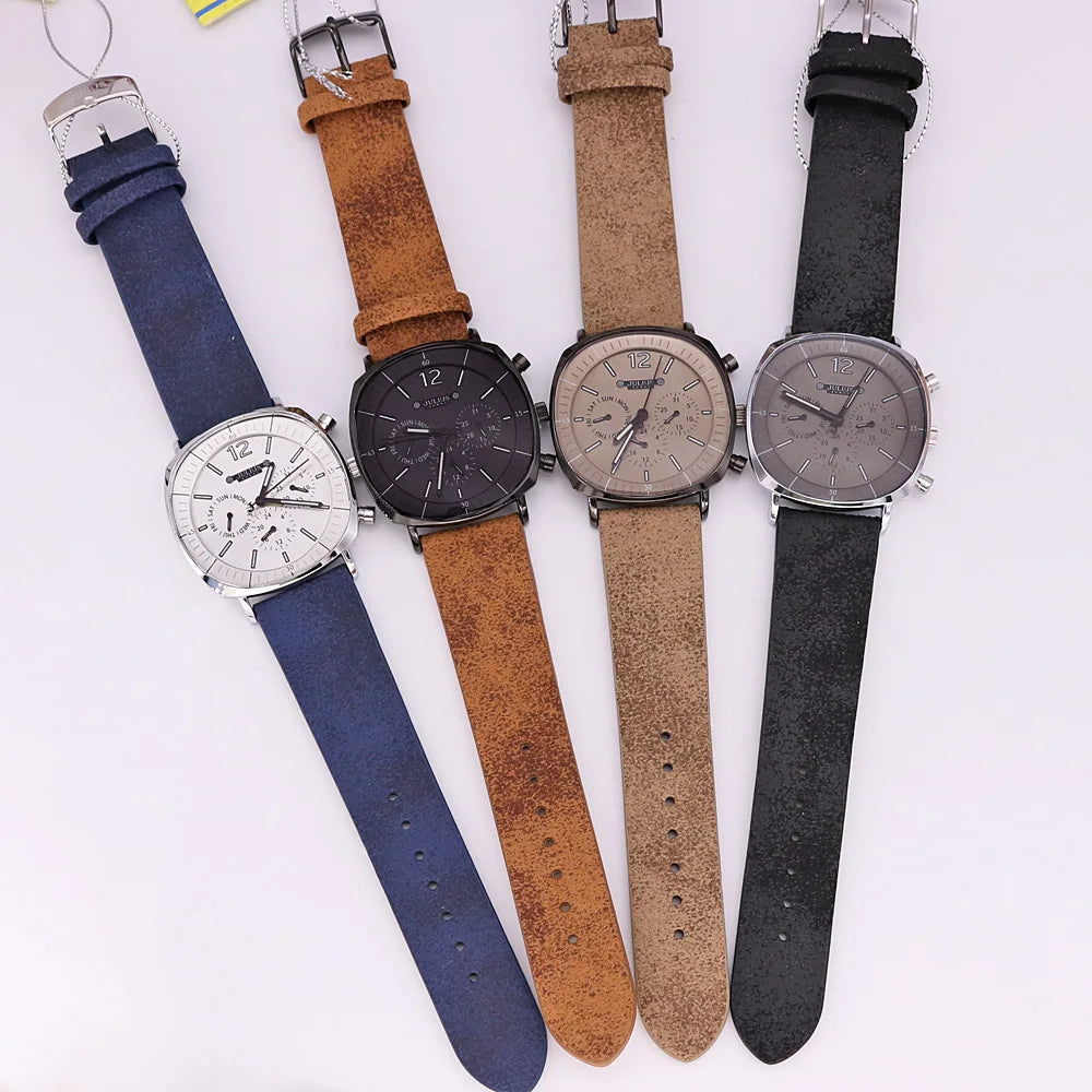 Premium men's Midnight Eclipse chronograph watch. Quartz movement, black dial, genuine leather strap, versatile.