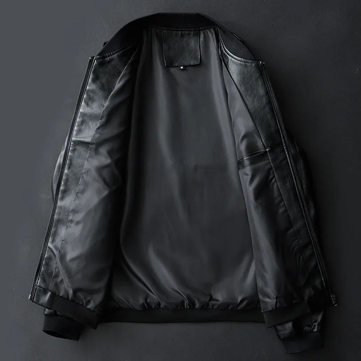Stylish men's genuine leather jacket in midnight. Durable, comfortable & a modern staple for men's apparel.