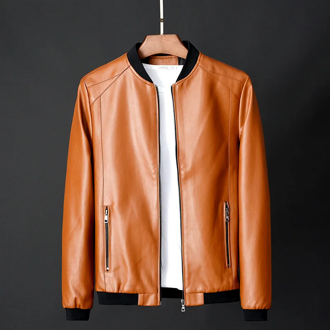 High-quality men's midnight leather jacket. Offers superior comfort & a stylish, modern look for any casual occasion.