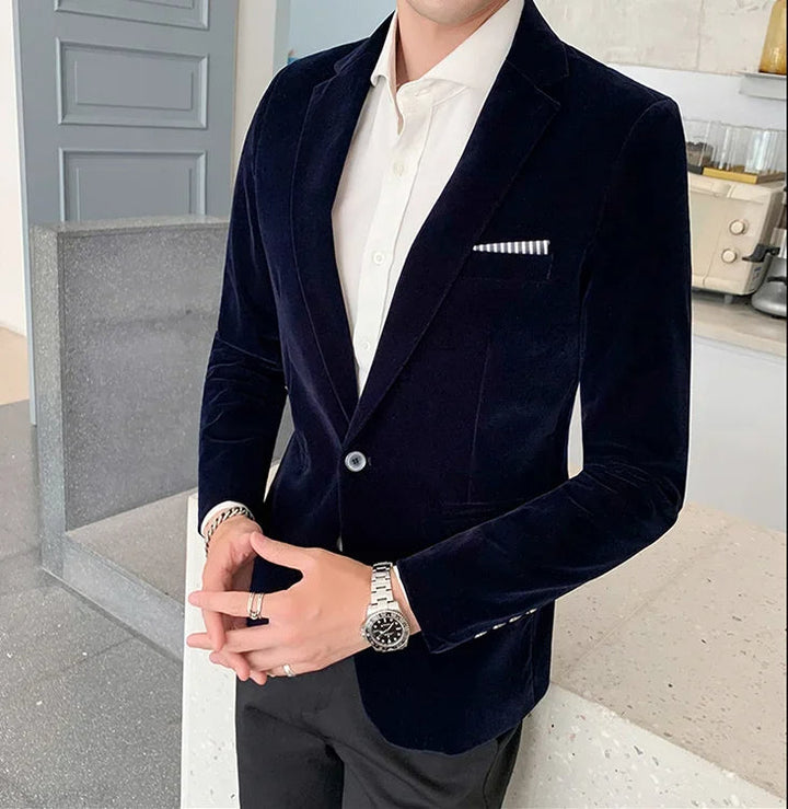 Formal men's midnight tailored blazer, ideal for special occasion parties & elegant dinner events.