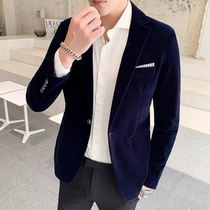 Men's midnight blue tailored blazer for elegant events, a sophisticated slim fit formal dinner jacket.
