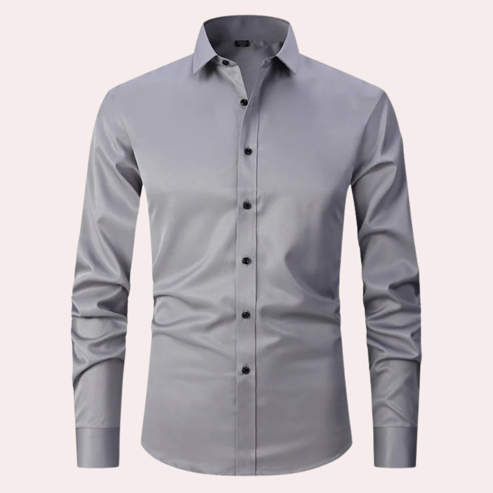 Professional men's stretch dress shirt, Milan style. Flexible, non-iron fabric for comfort in business attire.