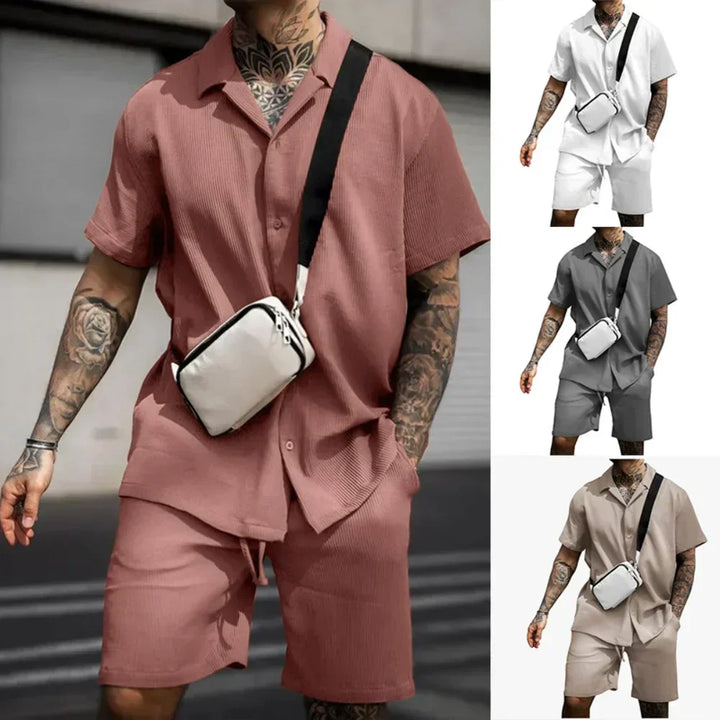 Milan men's casual two-piece summer outfit with button-down short sleeve shirt and matching shorts