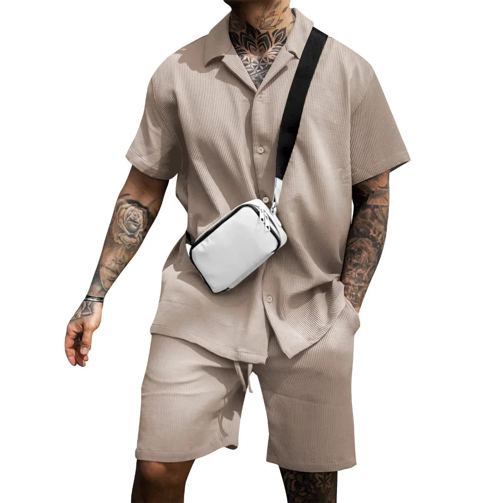 Men's Milan two-piece set featuring a relaxed fit casual button-down shirt and elastic waist shorts
