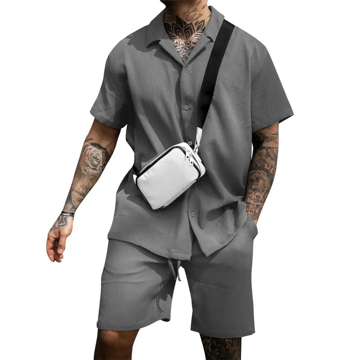 Grey Milan men's summer shorts set, includes a short-sleeve polo shirt and loose-fitting shorts