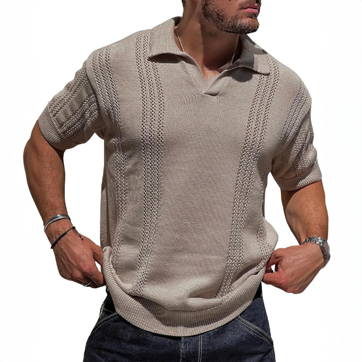 Men's Milanese knit polo shirt in a relaxed fit, perfect for casual or golf wear. Breathable short sleeve top.