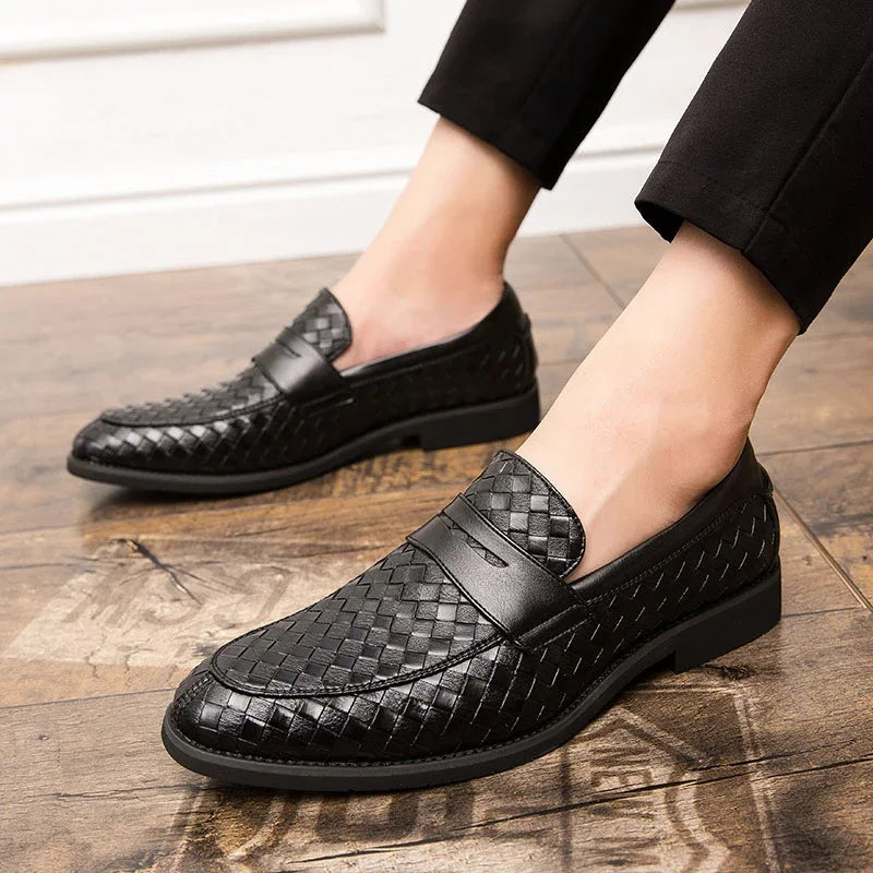 Front view of men's Milano woven dress shoes, showcasing the unique texture and refined slip-on design.