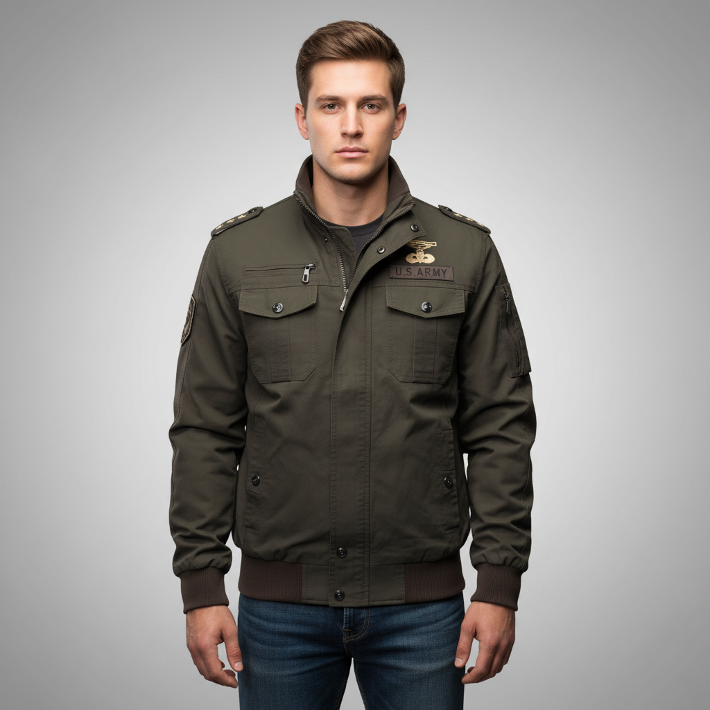 Close-up of Rudolf men's utility jacket, military style, showing pocket details and durable fabric