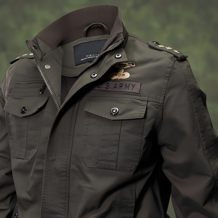 Full view of men's Rudolf combat jacket, ideal autumn winter outerwear, highlighting functional design