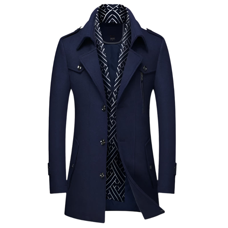 Men's military-style longline trench coat. Tailored, sophisticated fall/winter outerwear for formal or smart casual.