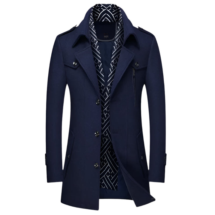 Men's military-style longline trench coat. Tailored, sophisticated fall/winter outerwear for formal or smart casual.