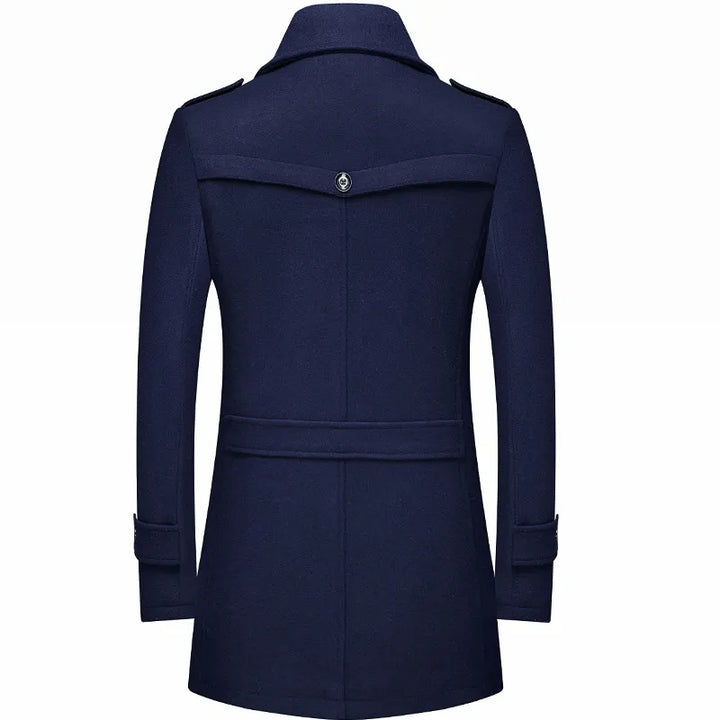 Classic men's tailored longline overcoat. Military-style trench coat in warm fabric, perfect for fall and winter.