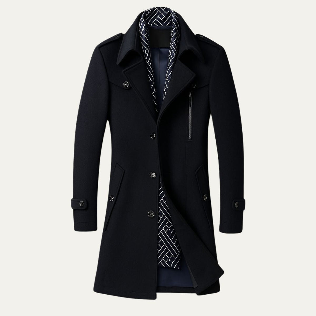 Stylish men's tailored longline trench coat. Elegant military-style overcoat, ideal winter or fall outerwear for men.
