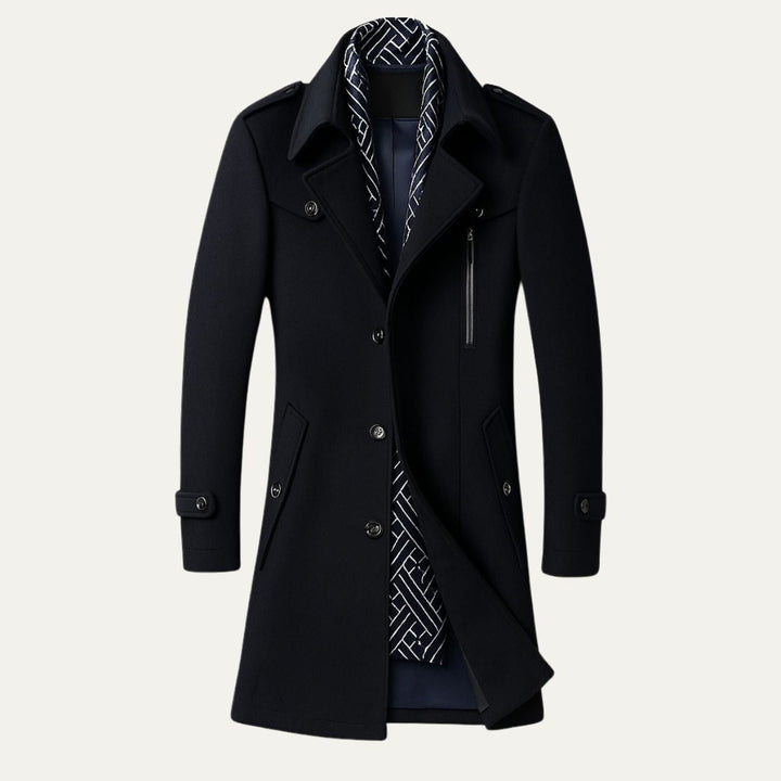 Stylish men's tailored longline trench coat. Elegant military-style overcoat, ideal winter or fall outerwear for men.