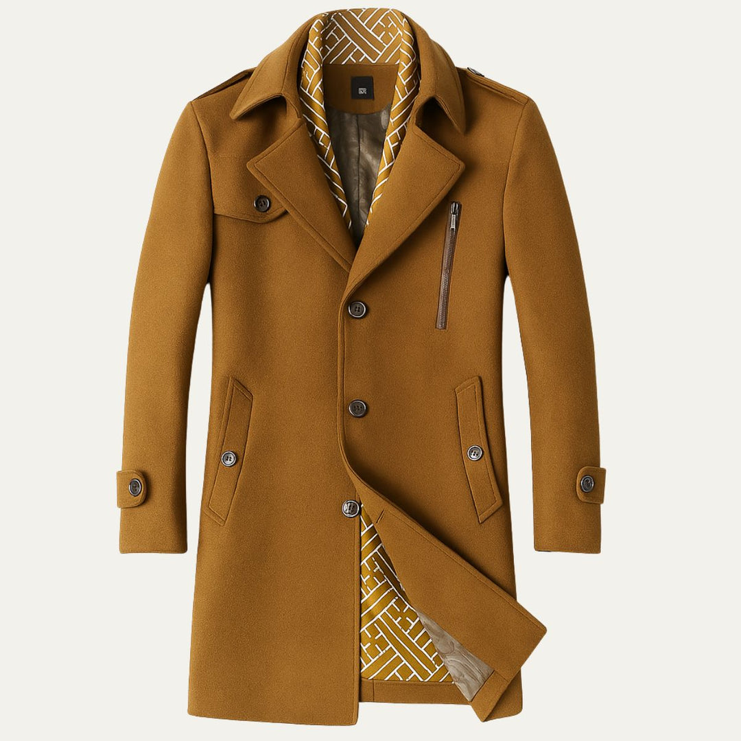 Modern classic men's longline military trench coat. Sophisticated, tailored overcoat for stylish fall and winter wear.