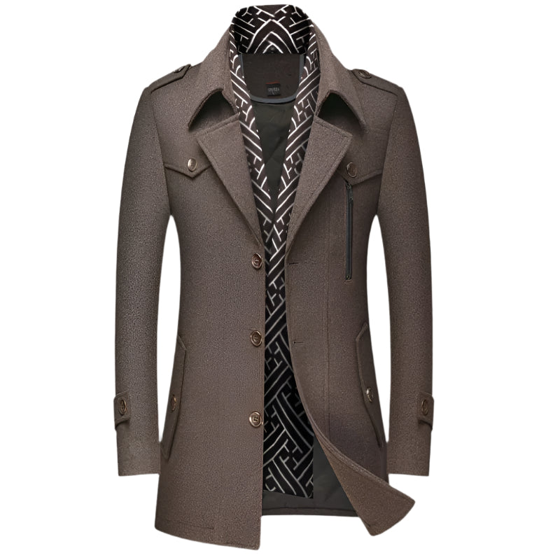 Durable men's military-style longline overcoat. Warm, tailored trench coat perfect for cold fall and winter weather.