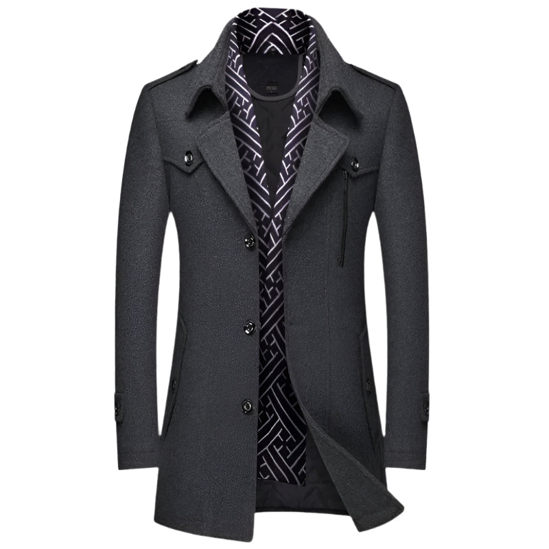 Elegant men's military-style trench coat. Longline overcoat, tailored for a sophisticated fall/winter fashion statement.