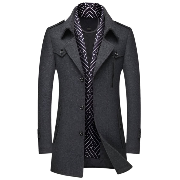 Elegant men's military-style trench coat. Longline overcoat, tailored for a sophisticated fall/winter fashion statement.