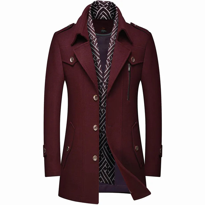 Professional men's tailored longline overcoat. Military-style trench coat, smart casual to formal for winter business.