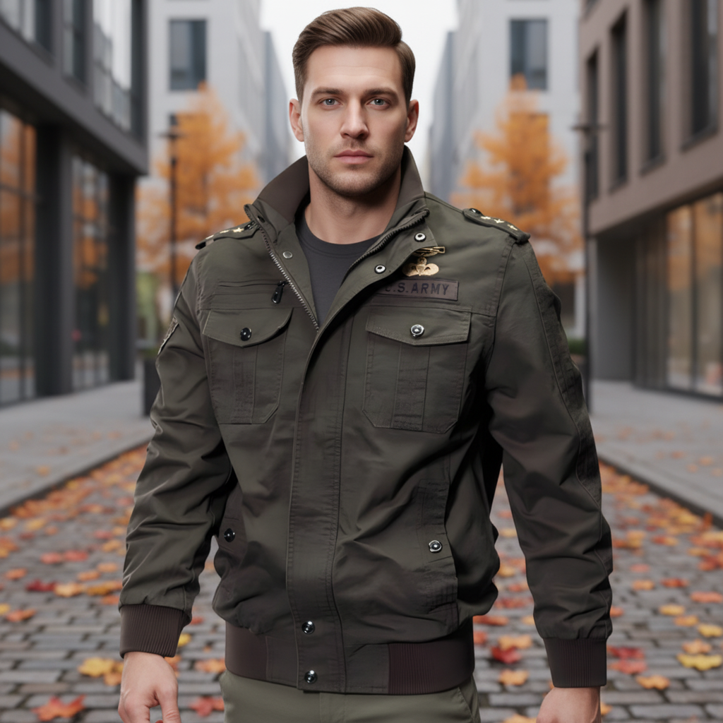 Men's military style tactical bomber jacket, cotton blend, in olive green, front view
